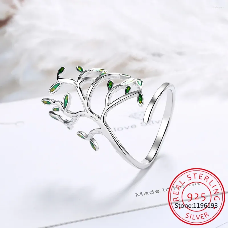 Cluster Rings 925 Sterling Silver Tree Of Life Green Leaves Adjustable Finger For Women Jewelry Wedding Party Gift