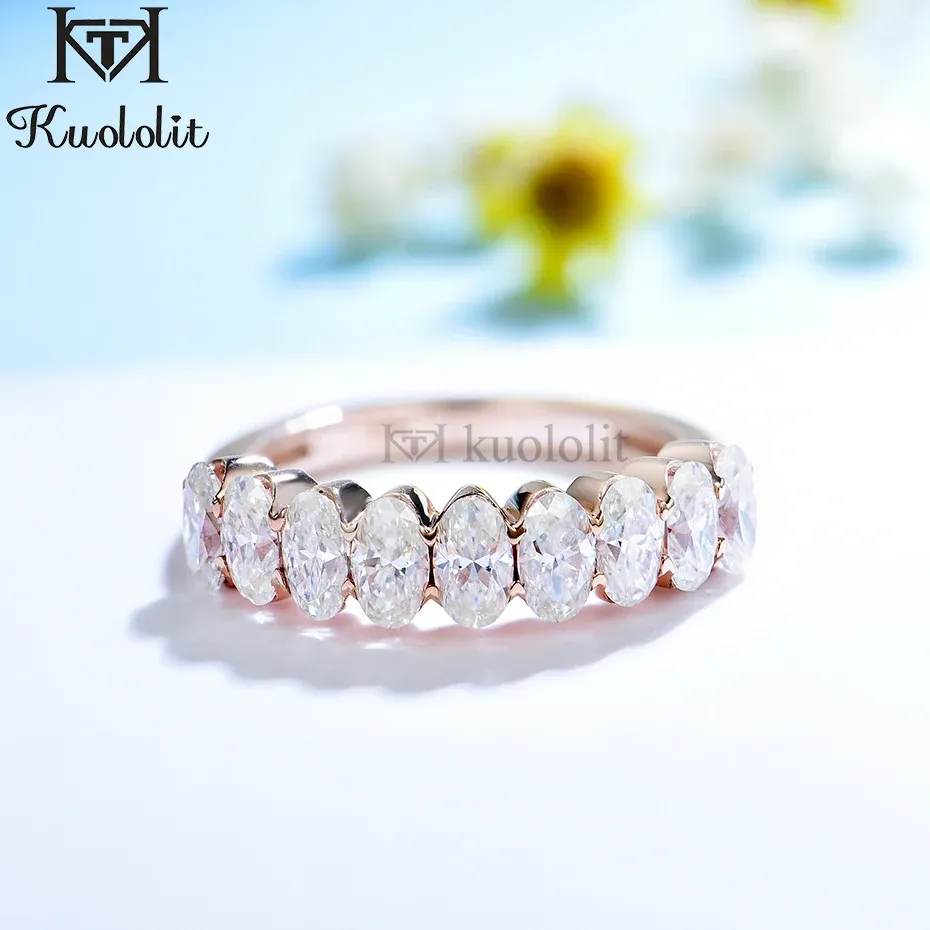 Kuololit 2.7CT Moissanite bague en or Rose massif pour femmes véritable 18K 14K 10K bague ovale en or correspondant à la bande d'éternité pour l'engagement