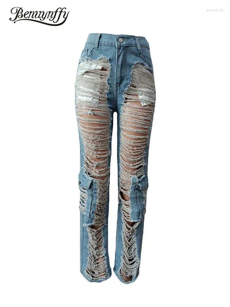 Jeans pour femmes Benuynffy mode déchiré trou copain streetwear décontracté en détresse jambe droite denim cargo pantalon avec poches