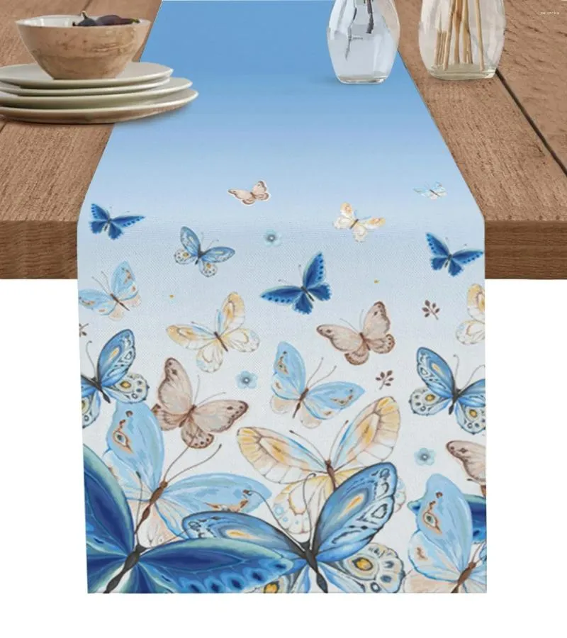 Nappe de Table en lin bleu papillon, chemin de table, thème printemps-été, écharpe, décor de commode, cuisine, salle à manger, fête de mariage