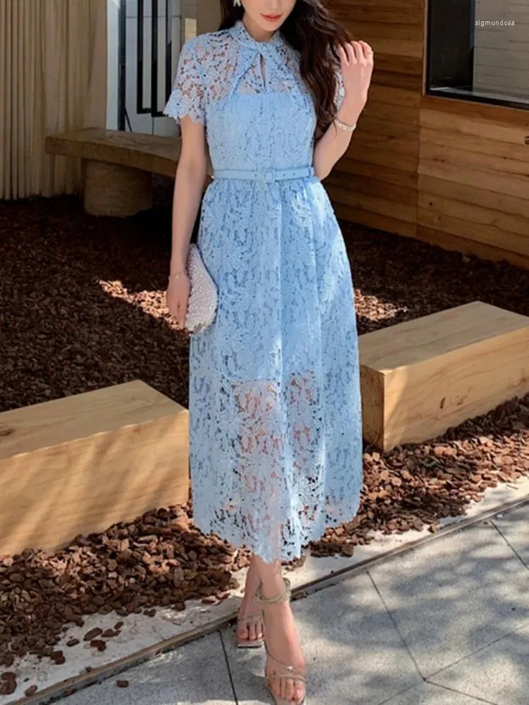 Party Dresses Women Blue Lace Hollow Out Midi Dress Temperament 2024 Spring Summer Female Short Sleeve Long Robe With Sashes