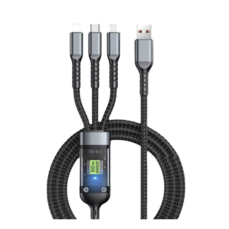 Nya ankomster 100W transparent lysande 3 i 1 laddningskabel, 6A Digital Display Data Cable för IP -typ C Micro All Smart Phone Cable