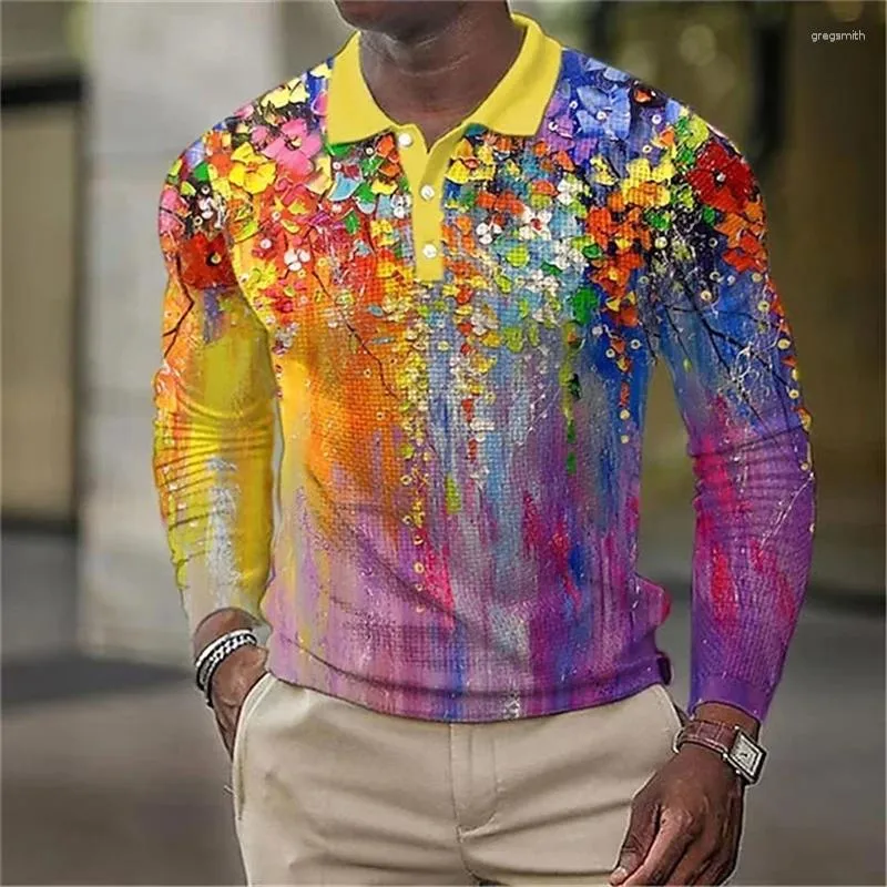 Polos masculinos verão cores retro polo camisas 3d impresso casual moda camisa de manga comprida roupas camiseta respirável homme