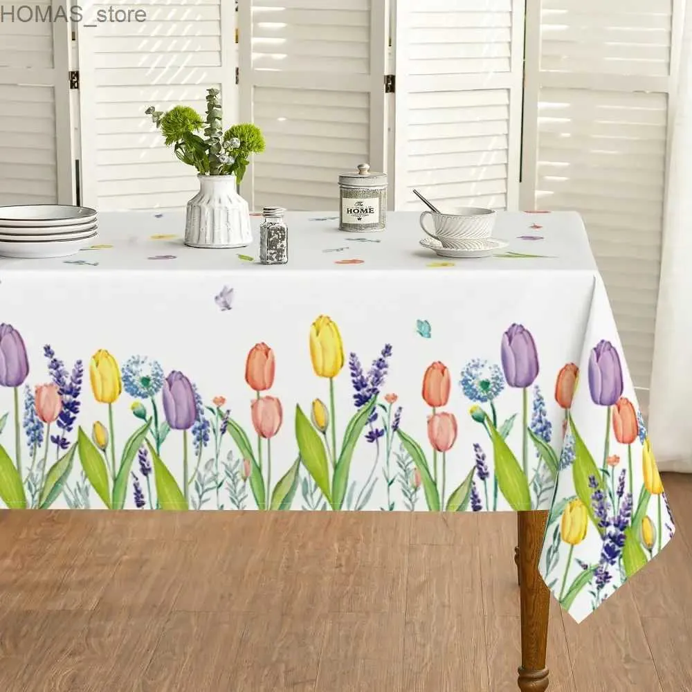 Tale da mesa Páscoa Páscoa Primavera Tolera de mesa à prova d'água Flores selvagens Tulipe Lavender Floral Table Capa para Decoração de jantar de piquenique para festa Y240401