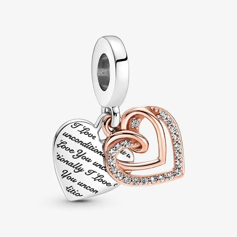 Entwined Hearts Double Dangle Charm Pandoras 925 Sterling Silver Luxury Charm Set Armband Making Rose Gold Charms Designer Halsband Pendant Original Box