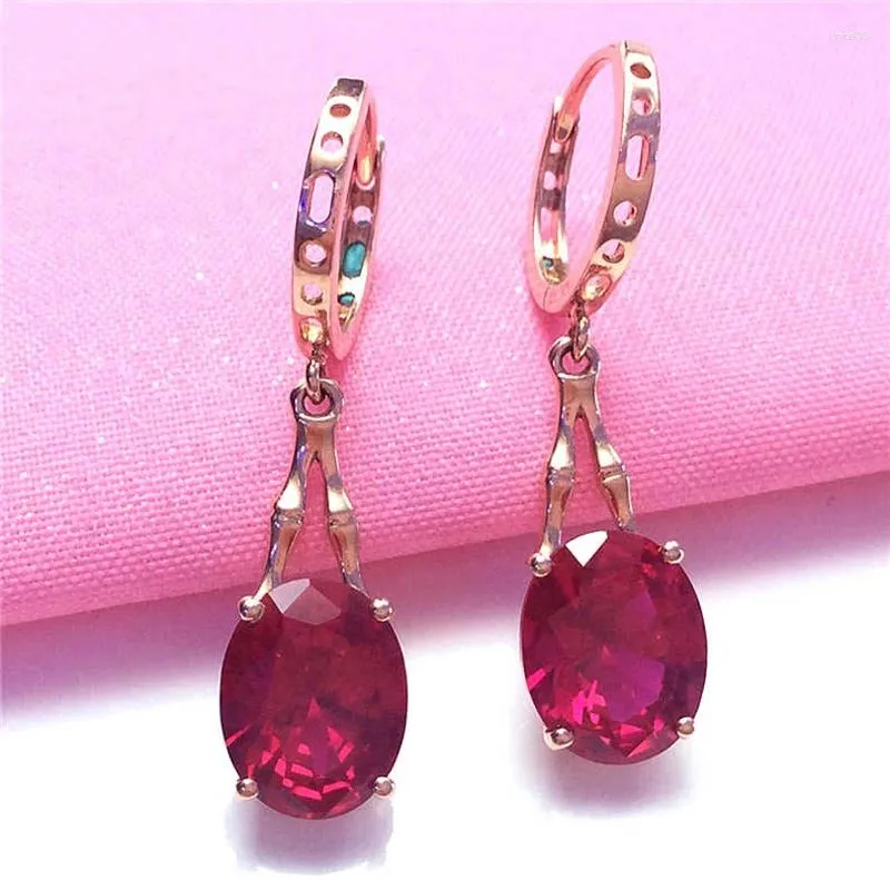 Orecchini pendenti in oro viola 585 rubino ovale per le donne 14k rosa intarsiato triangolare cristallo moda semplice luce gioielli di lusso per feste