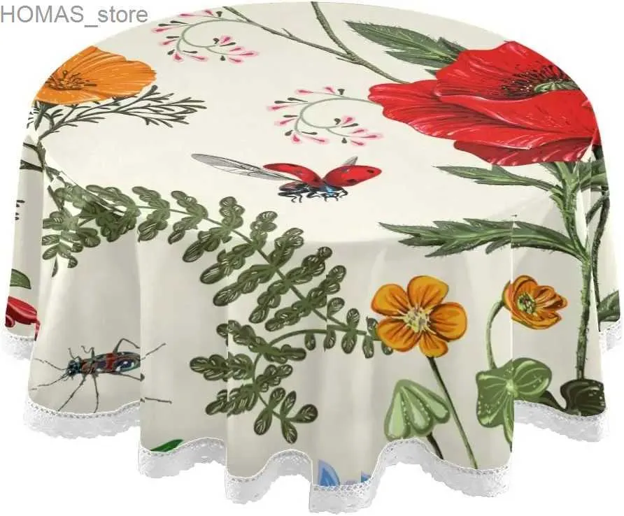 Tischdecke Pflanzen Blumen und Schmetterlinge Provence-Stil Runde Tischdecken Tischdecke Matte Picknicktischdecke Wachstuch Campingtischdecke Y240401