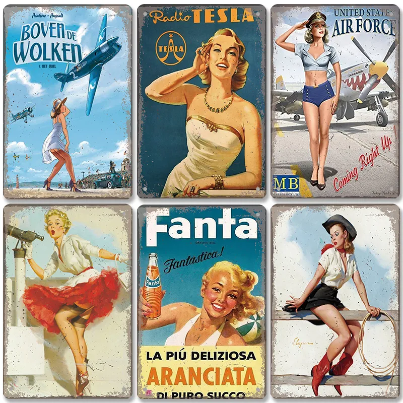 Pin Up Girl Vintage Metal Tin Sign, piatti decorativi per