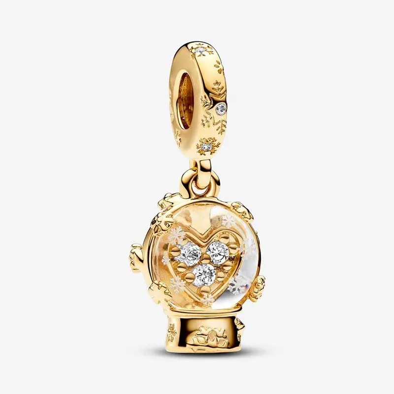 Breloque en forme de boule de neige en forme de cœur en or, Pandoras en argent sterling 925, ensemble de breloques de luxe, fabrication de bracelets, breloques de créateur, pendentif, boîte originale