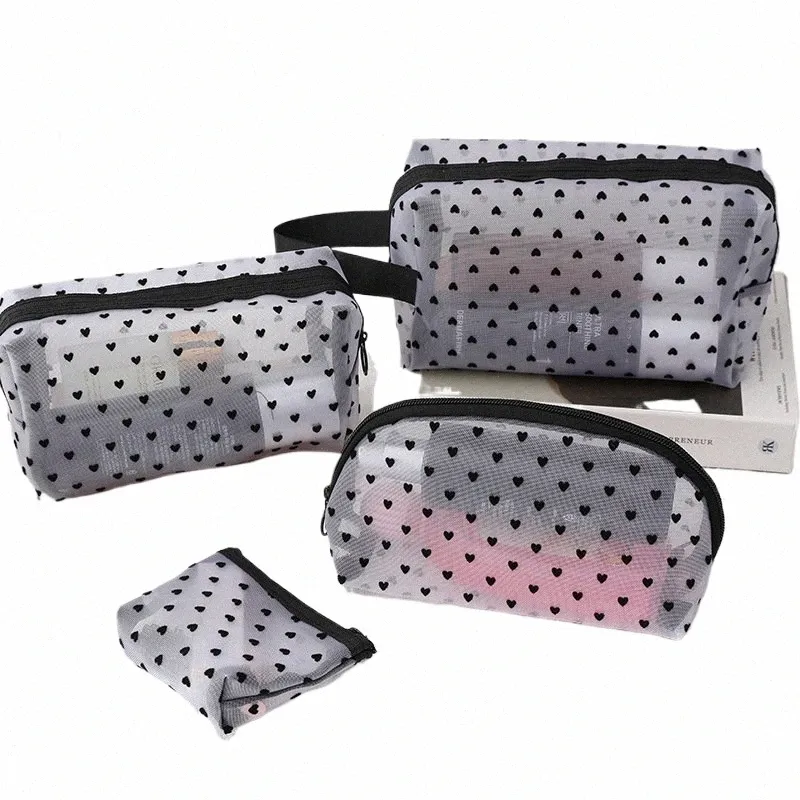 Nuevo bolso de maquillaje de malla de corazón transparente portátil Nyl mujeres maquillaje herramienta bolsa de almacenamiento organizador de viaje cosmético bolsa de cremallera transparente F6yF #