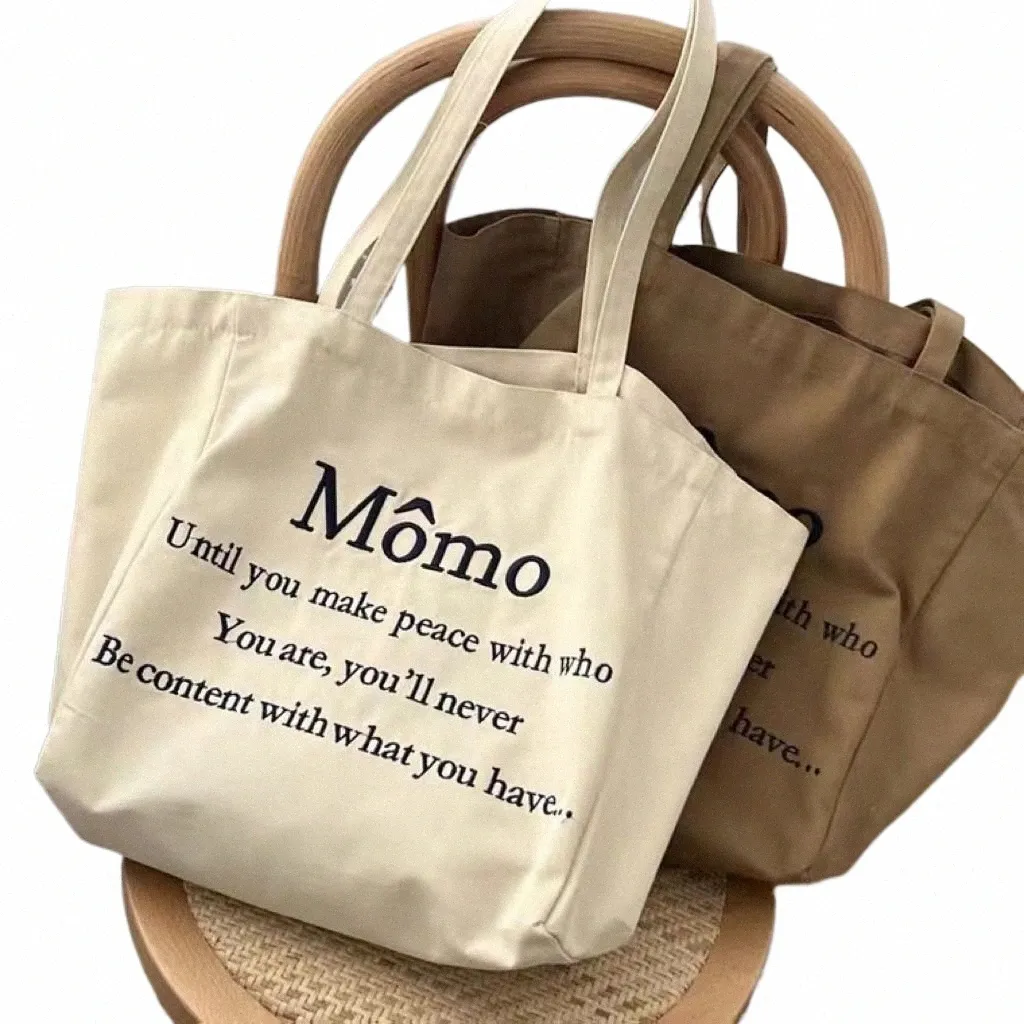 women Canvas Shoulder Bag Momo Letter Printing Ladies Casual Handbag Tote Bag Large Capacity Cott Reusable Shop Beach Bag J3IX#