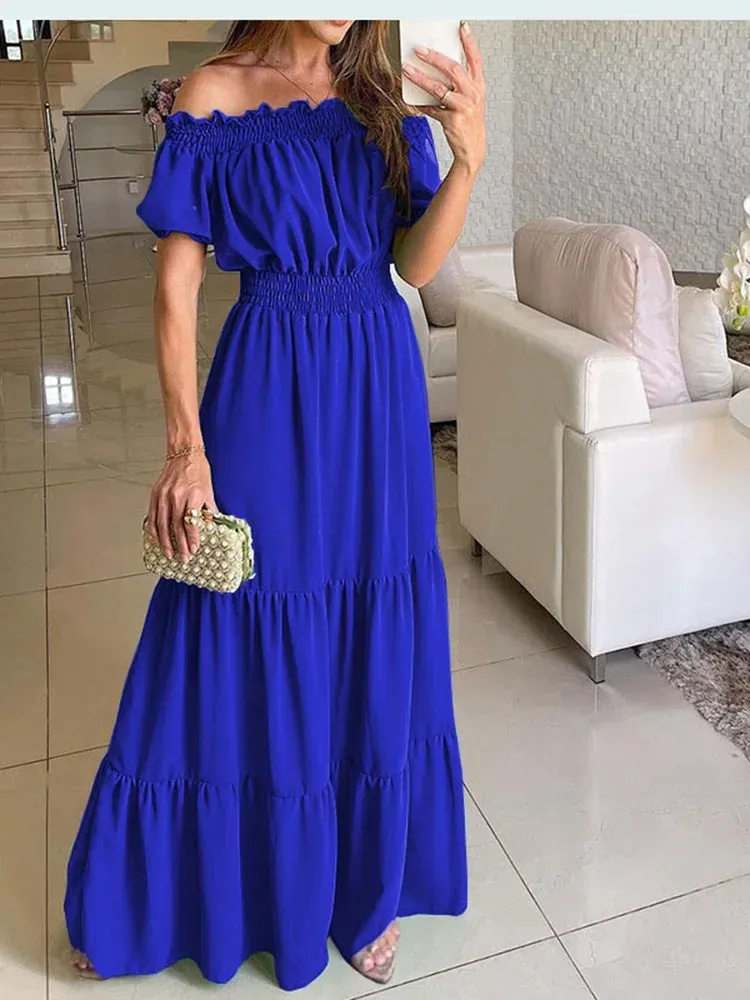 2024 Été Femmes Robe Vert Boho Mode Sexy Slash Cou Maxi Élégant Casual Vacances Plage Robes De Soirée Pour Femme Robe Femme 240323