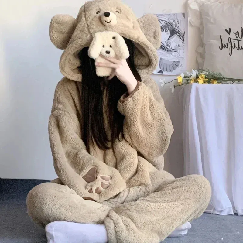 Cute Bear Ears Coral Fleece Hooded lounging sets for Women Sweet Kawaii Homeweward Lounge Sleepwear