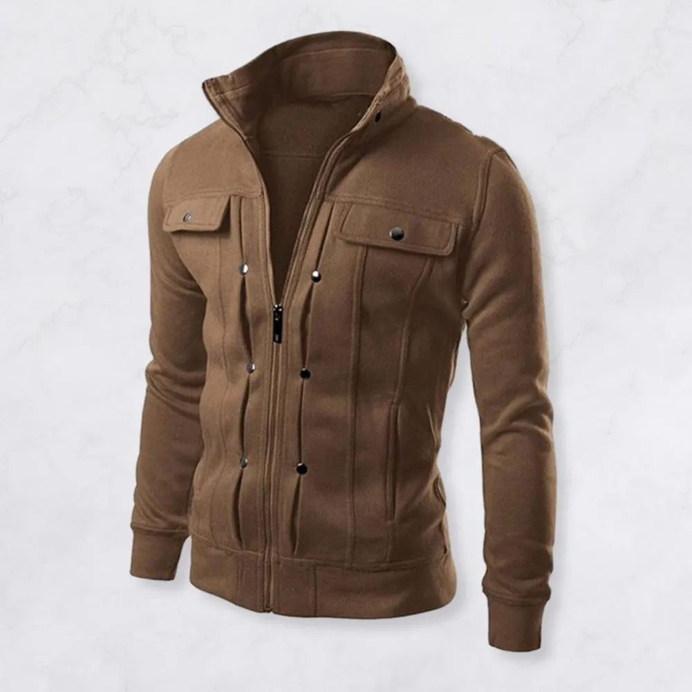 Men's Spring Autumn Jacket with Stand Collar and Zipper Closure Solid ...