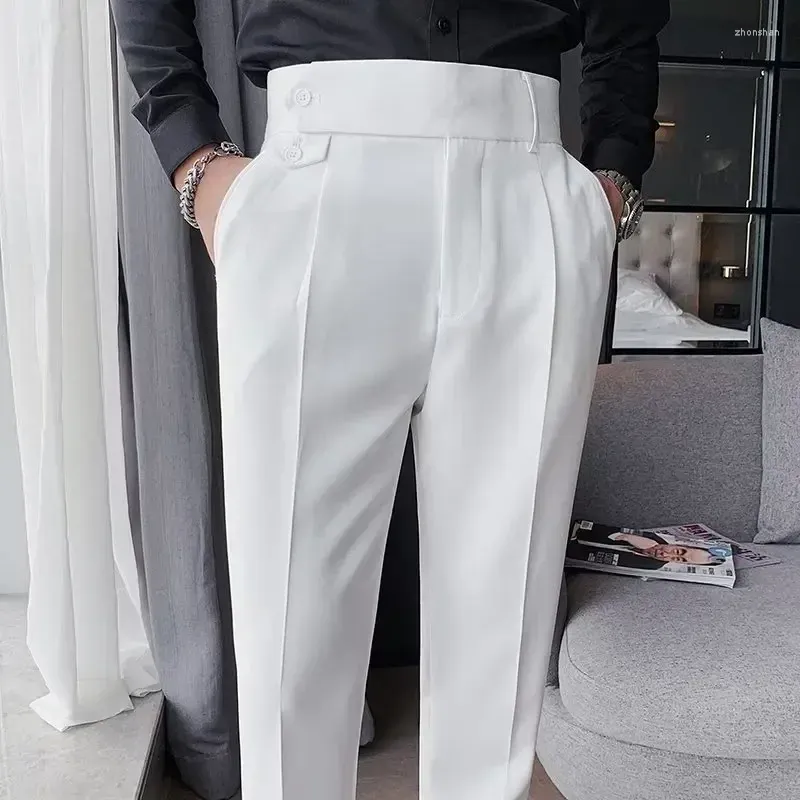 Calças masculinas homens terno cor sólida magro ajuste primavera outono streetwear elástico cintura reta masculino negócios escritório formal calças