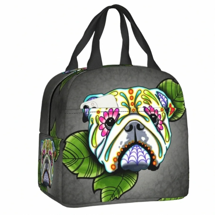 Day of the Dead English Bulldog termisk isolerad lunchpåse Kvinnor Portable Lunch Box For Work School Travel Picnic Food Tote O3YM#