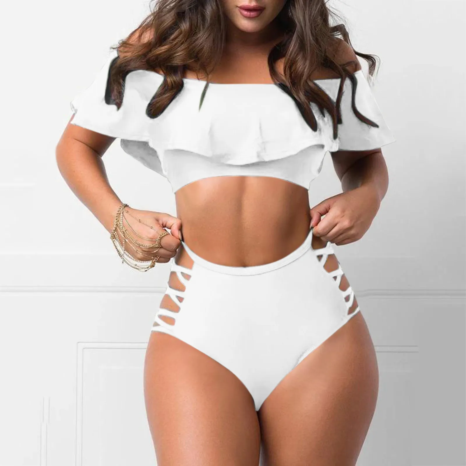 Sexy Plus Size Off-Shoulder Ruffle Swim Top with Built-In Bra from