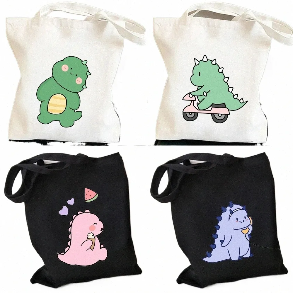 Härlig grön dinosaurie Söt djurkarto hjärta kvinnor duk axelväska harajuku handväska totes eko shopper cott shop väska f57t#