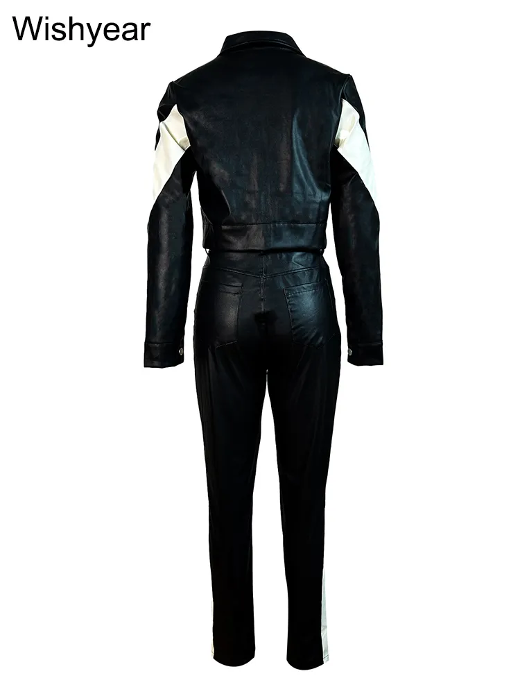 Colorblock PU Leather Two Piece Set | Womens Casual Crop