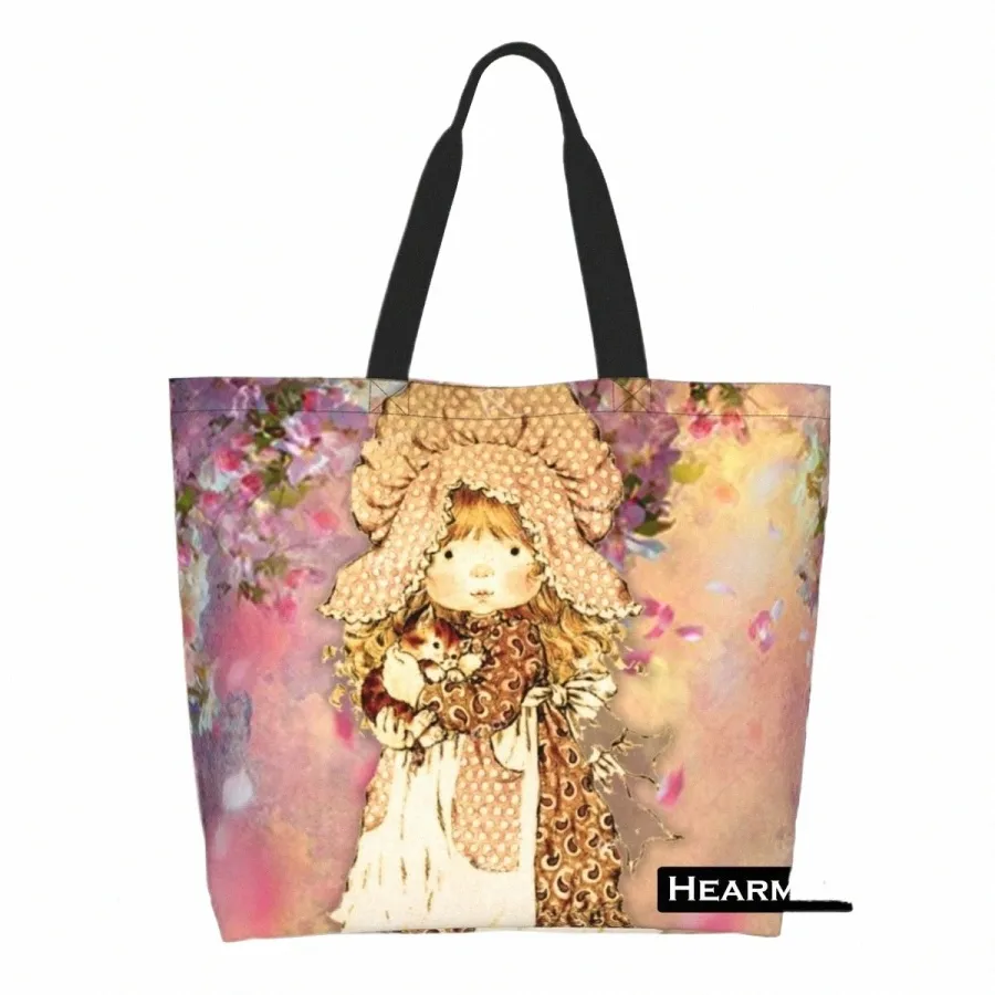 Återvinning Carto Sarah Kay Shop Bag Women Axel Linen Tote Bag Hållbar kawaii tjej livsmedelsbutikpåsar M0V0#