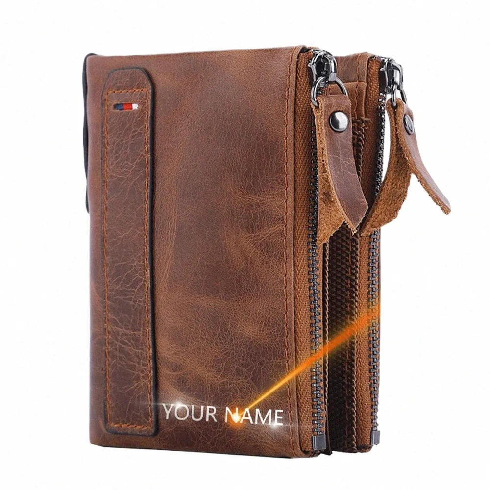 2022 Men Wallets 100% Genuine Cow Leather Name Customized Short Card Holder Leather Men Purse High Quality Brand Male Wallet x7Pb#