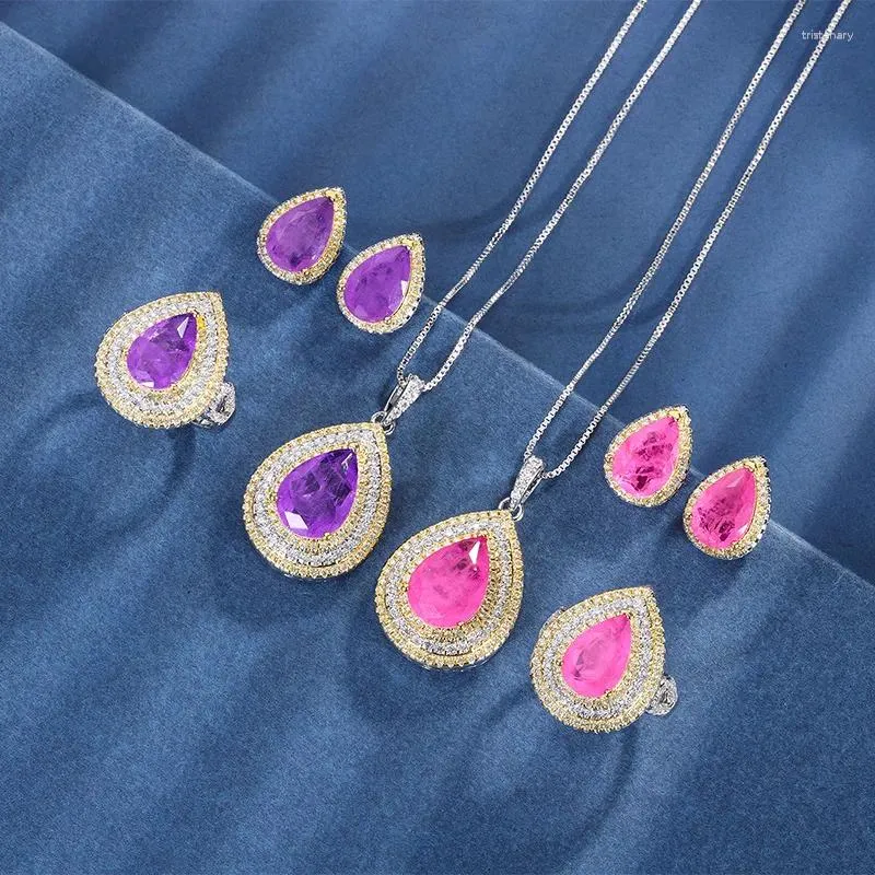 Colar brincos conjunto forma gota roxo rosa zircon mirco configuração cz pingente anel ajustável jóias