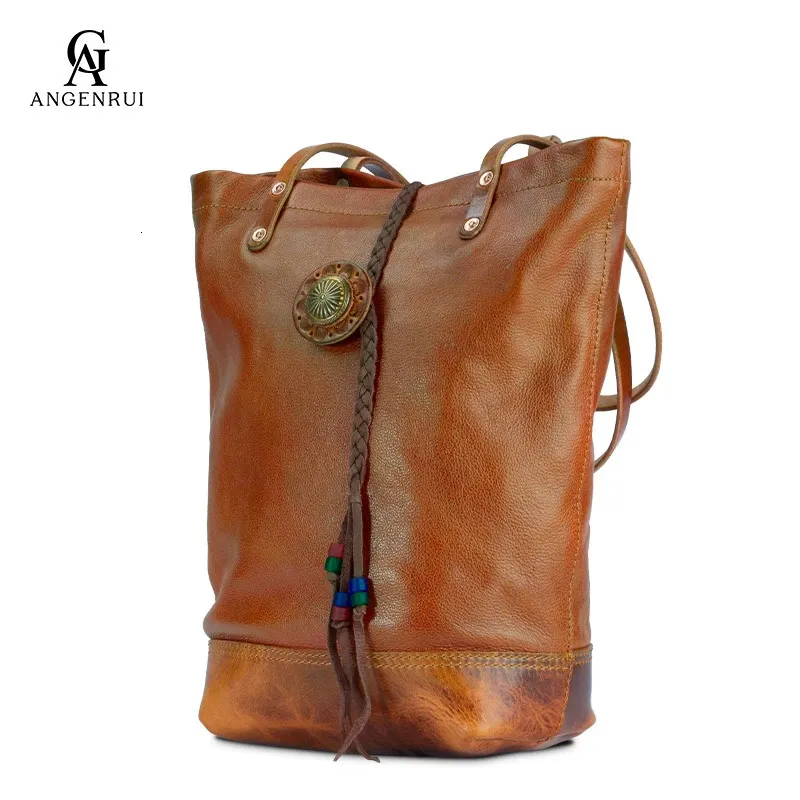 Angengrui Autumn Winter The Mingine Leather Womens Bag Vintage Fashion Tote Cowhide Handmade One Sholdle Shopping240329