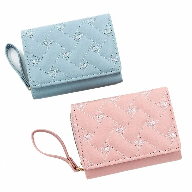 women Wallet Embroidered Love Heart Wallet Fi Multifuncti ID Card Holder High Quality Coin Purse ID Holder Short Wallet b56t#