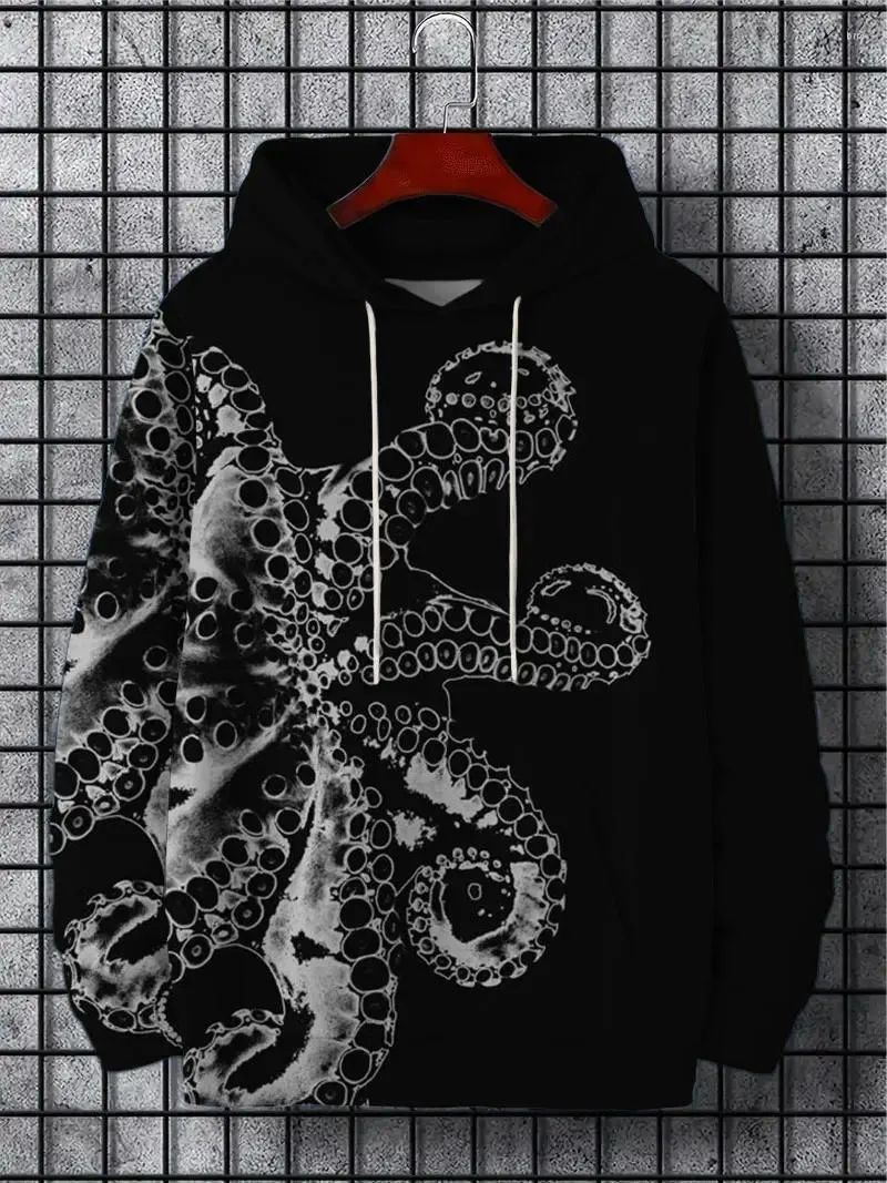 Men's Hoodies Fashion Art Octopus Asymmetric Print Drawstring Hoodie Oversize Male Sweatshirt Chic Casual Pullovers Top S-5XL