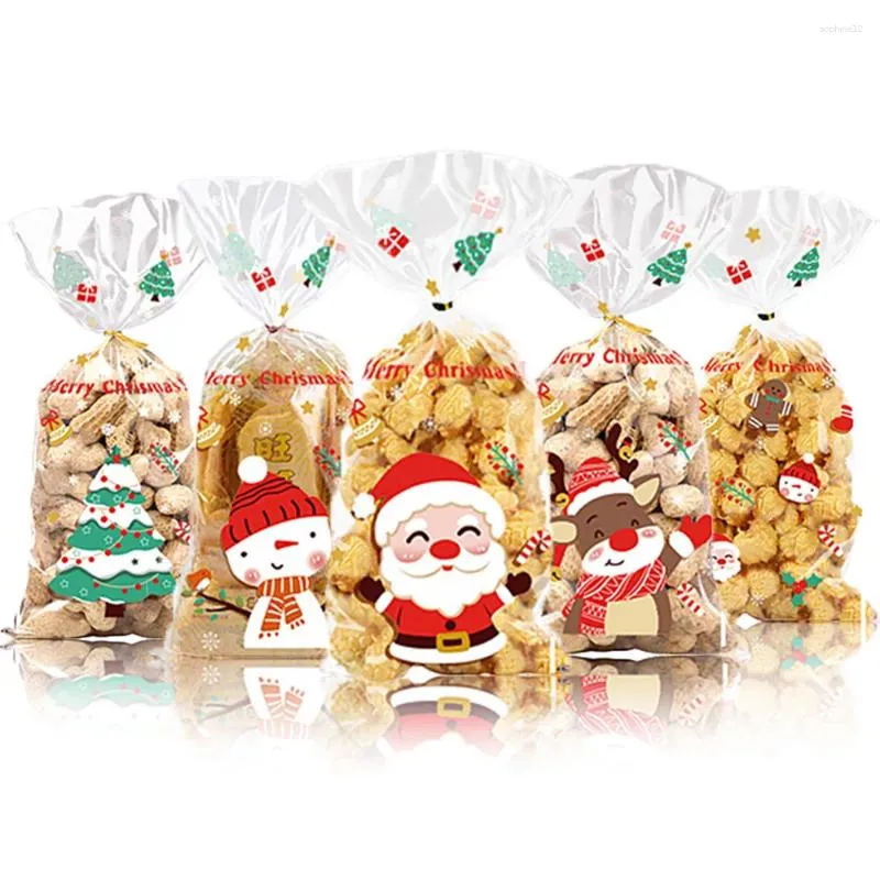 Gift Wrap 50st Christmas Cellophane Treat Bags Elk Snowman Santa Claus Candy med Twist Ties för Xmas 2024 Party Decor Bag