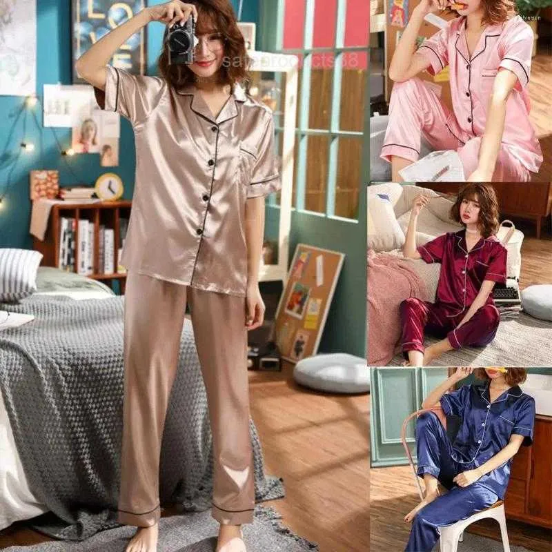 Kadın Slaı Kıyısı Turnot Yaka Düğmesi Up Kısa Kollu Bluz Pantolon Loungewear Pijama Ev İçin Set