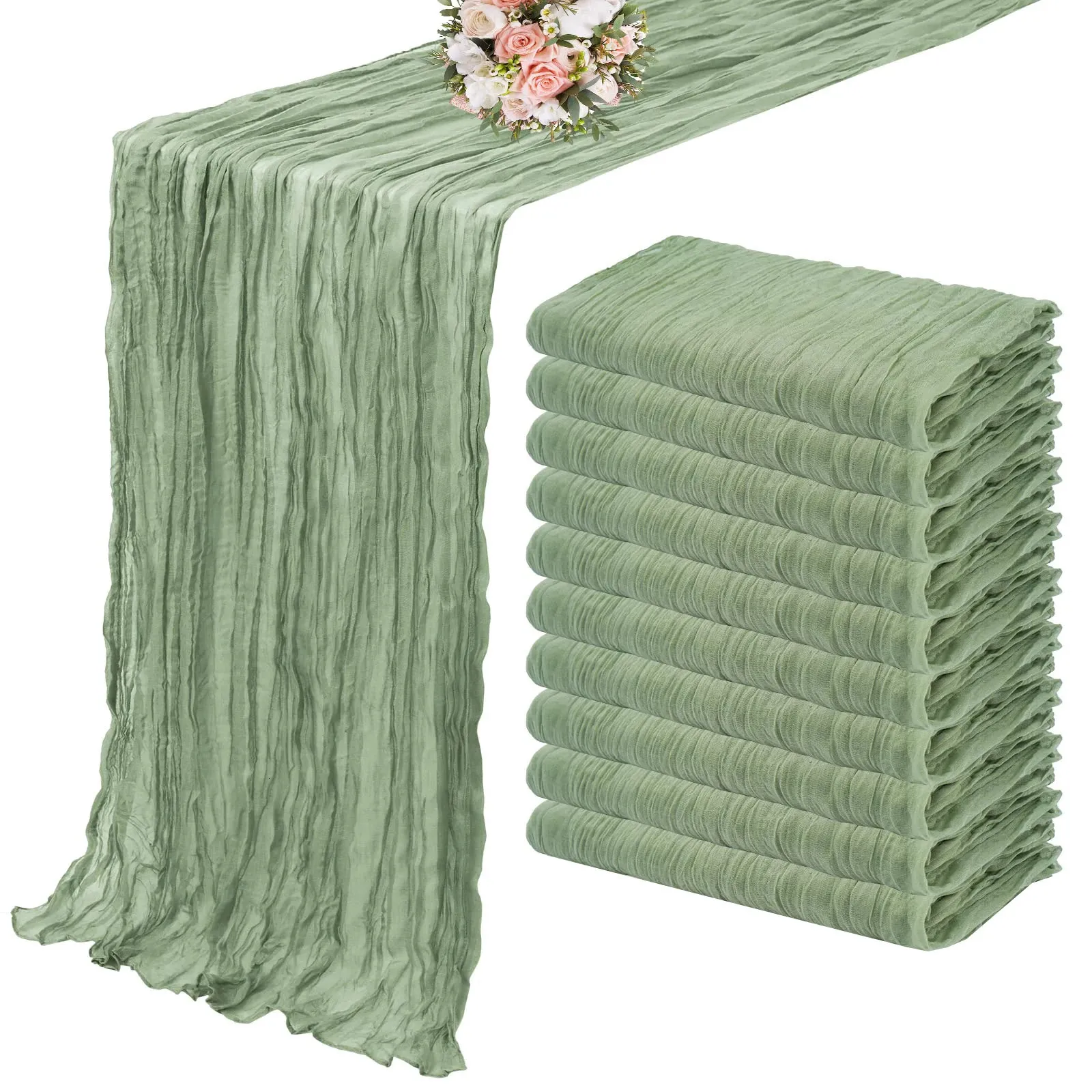 10PCS SemiSheer Sage Green Gauze Table Runner Setting Dining Wedding Party Christmas Banquets Arches Cake Decor 240322