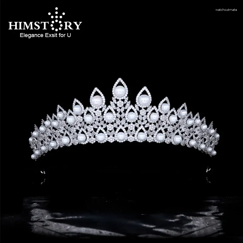 Hårklipp Himstory Luxury European Pearls Brides Tiara Headpieces Zircon Crystal Wedding Crowns Evening Accessories High Quality