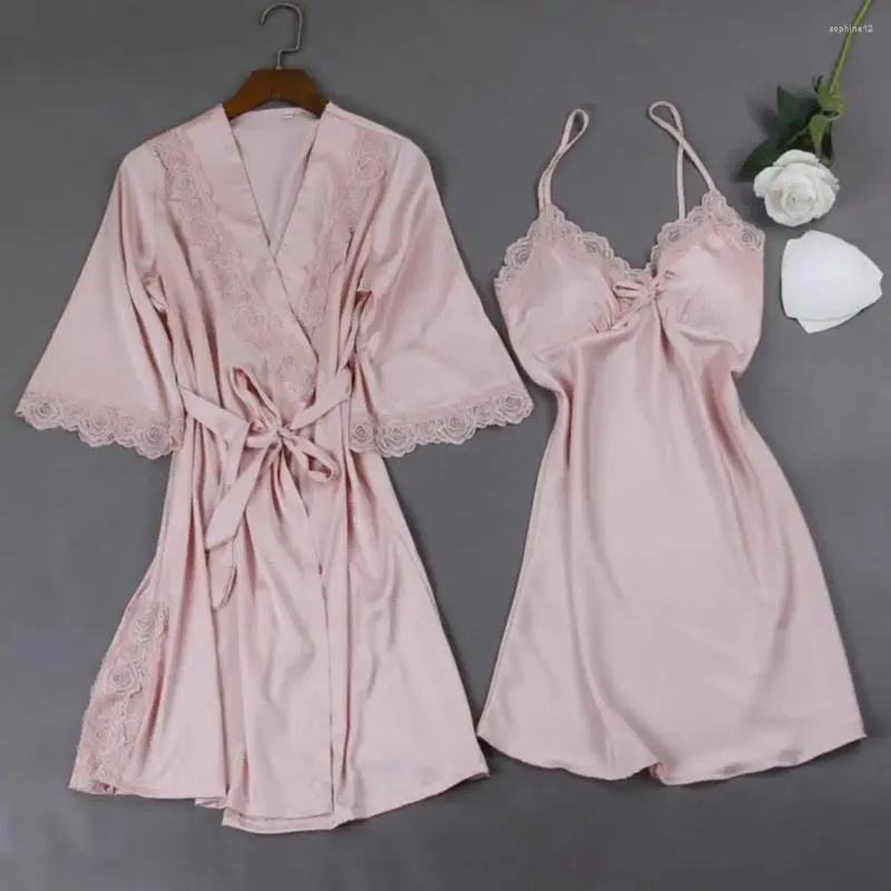 Home Clothing 2 Pcs/Set Women Pajama Set Lace Patchwork Bow Decor Solid Color Loose Silky Lace-up Tight Waist Long Sleeve Nightgown Slee