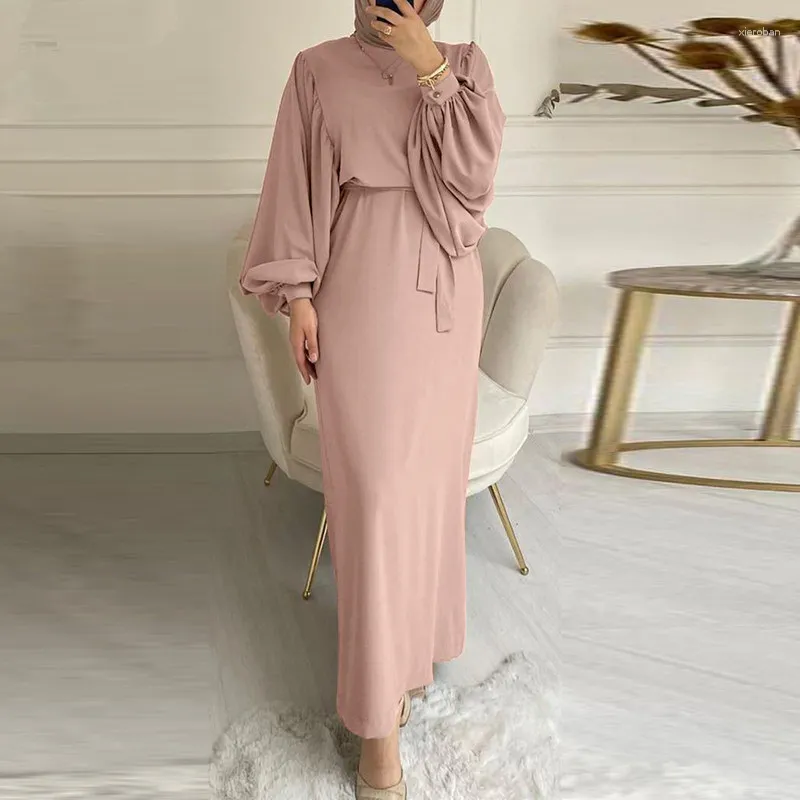 Ethnic Clothing Simple Lace-up Abaya For Women Long Sleeved Sundress Dress Maxi Robe Turkey Kaftan Islamic Caftan Vestidos