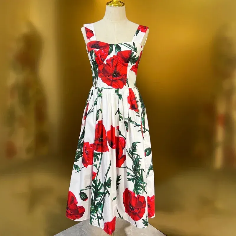 Kvinnaklänningar Summer Dress Vintage Red Flowe Ladies Dresses For Women 2023 Chic and Elegant Woman Dress Women's Clothing