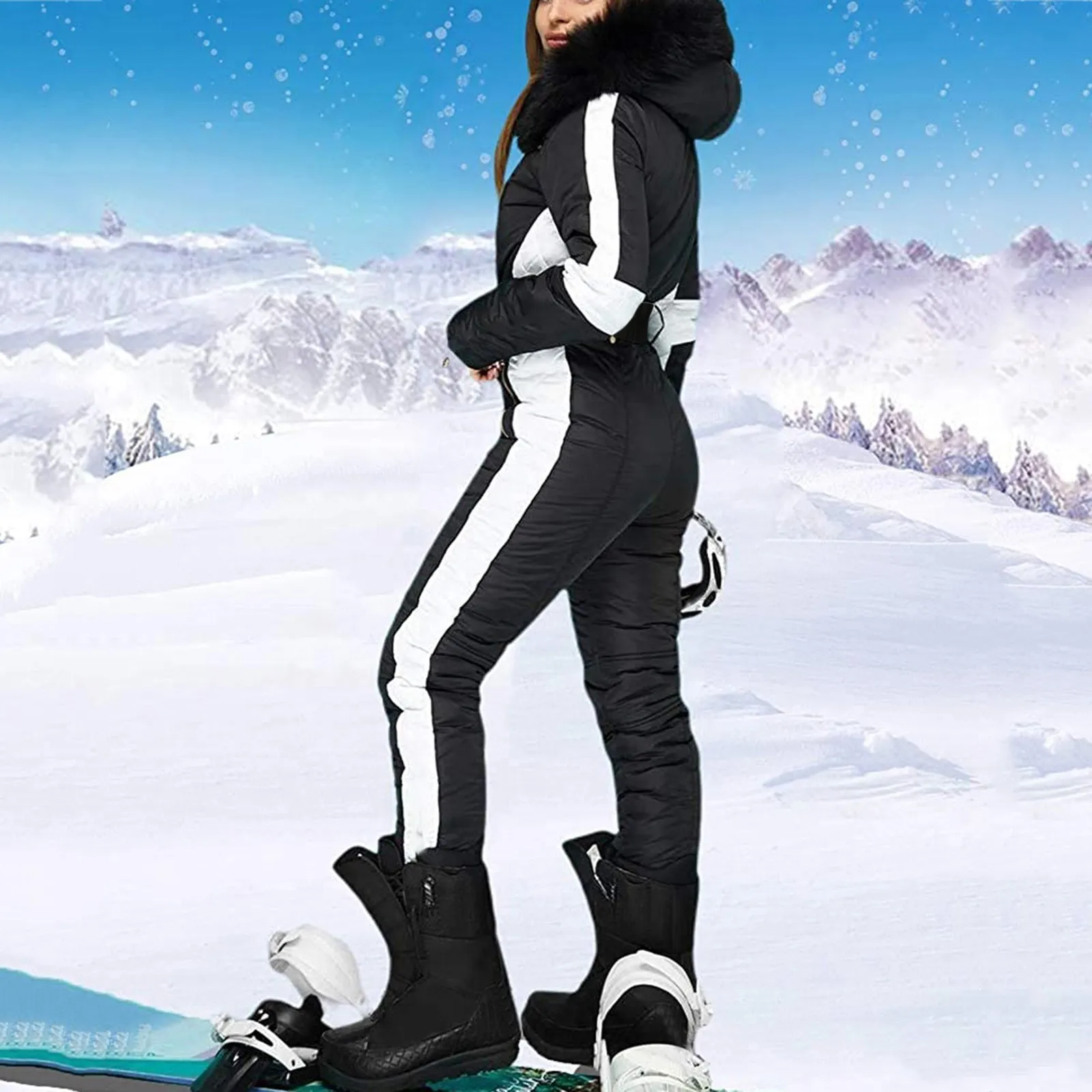 2024 Nieuwe Vrouwen Winter Ski Jumpsuit Outdoor Sport Sneeuwpak Faux Wol Kraag Jas Jumpsuit Met Hoodies Ski Jassen En Broek Mijn Verhuur Boeken, Wit, M