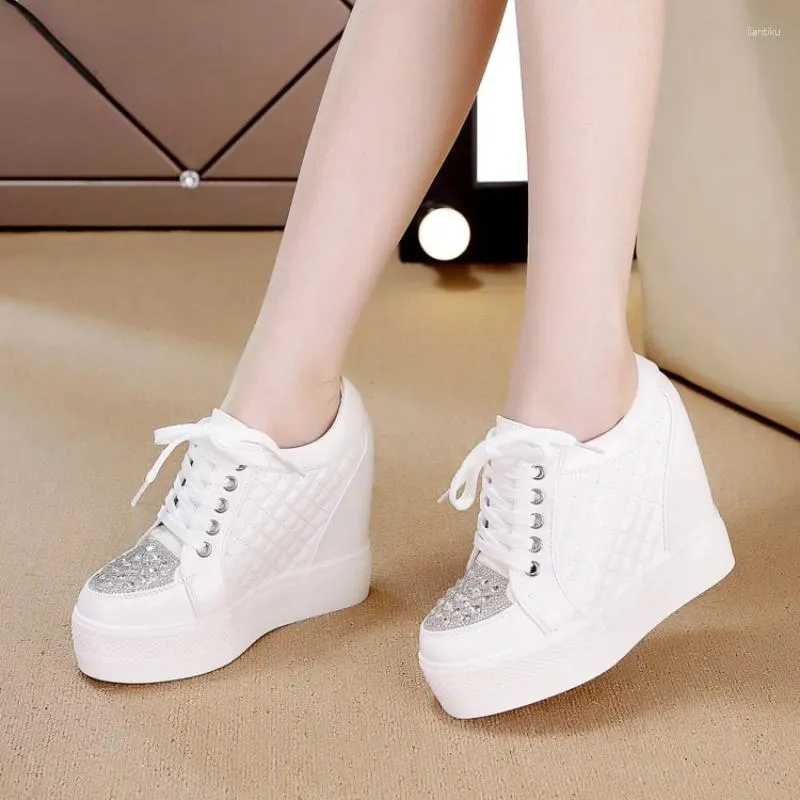 Casual Shoes Comemore for Women Wedge Heel Big Size 43 Leather Vulcanized Shoe White Black Rhinestones High Top Lace Up Sneakers