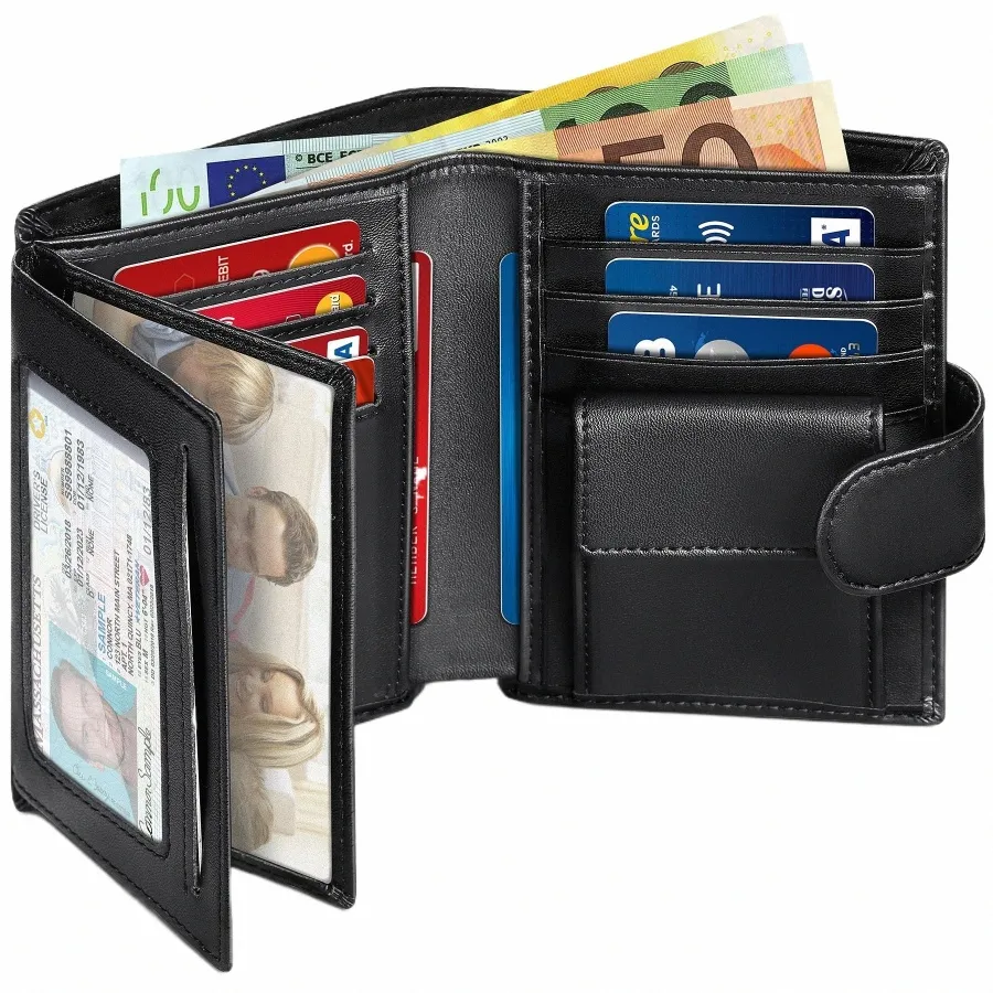 Portefeuille en cuir véritable pour hommes, porte-monnaie d'affaires, porte-carte RFID, fenêtres transparentes, compartiment pour pièces de monnaie, noir w5Y7 #