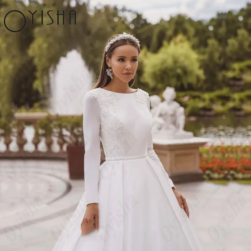 OYISHA Long Sleeves Satin Muslim Wedding Dresses White A Line Appliques Bridal Gowns O Neck Sweep Train Dubai Vestidos De Fiesta