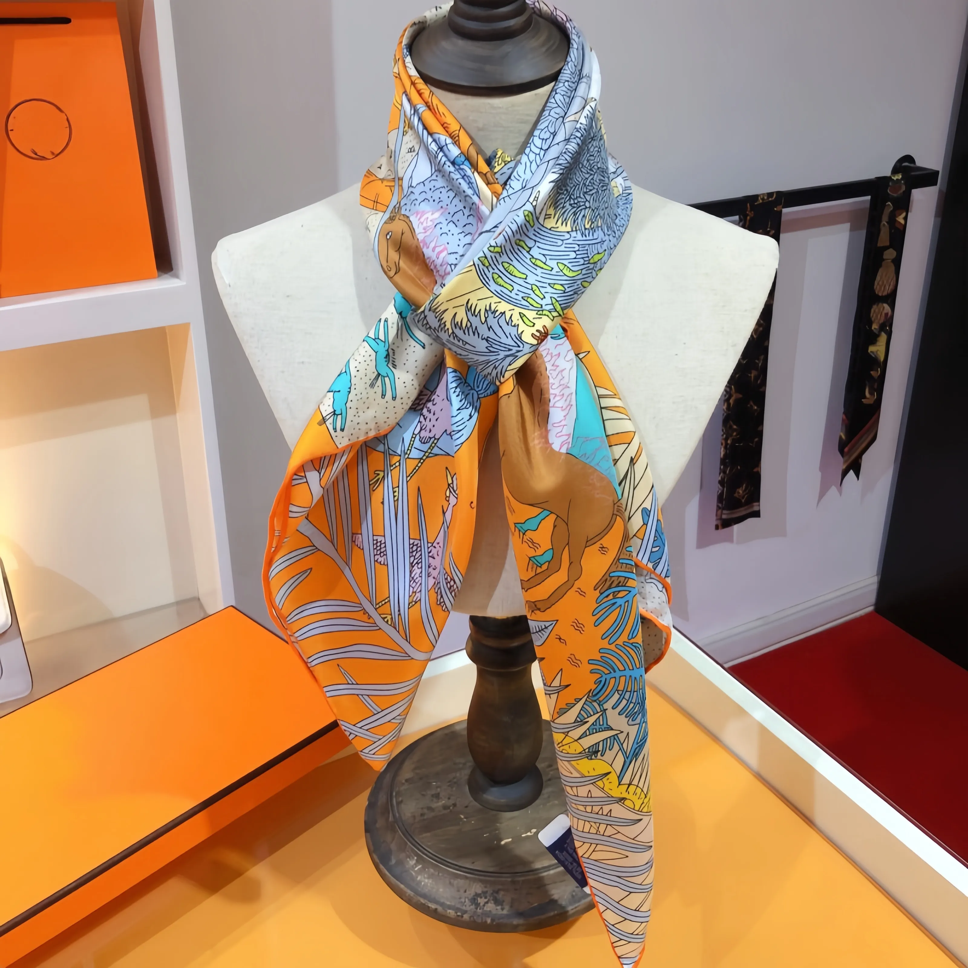 Women Designer silk Scarf for women Fashion Brand horse square 100% silk scarf wrap Head Scarves With Tags Easy to match Size 90*90CM