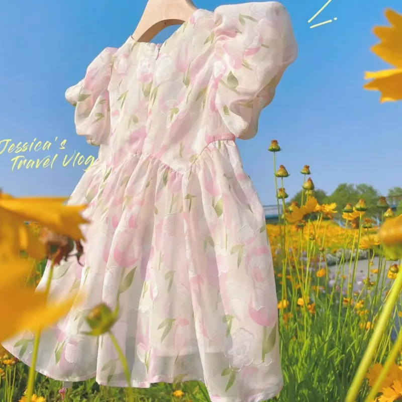 Robe à manches bouffées de nouveaux enfants robe douce robe