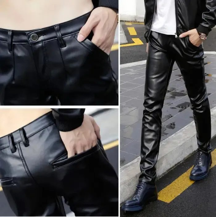 Hiver personnalité décontractée mode moto faux cuir pantalon hommes pieds pantalon pu pantalon pour hommes pantalon homme chaud noir 240319