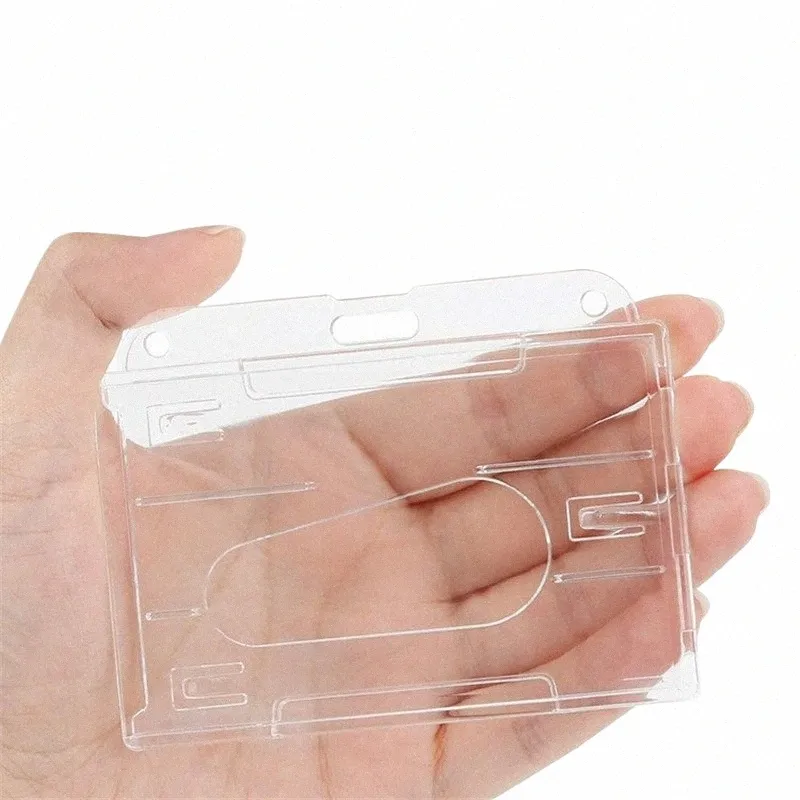 1pc Transparent dur porte-carte en plastique double face pouce Push carte verticale Id travail porte-documents carte de bus porte-banque g5RE #