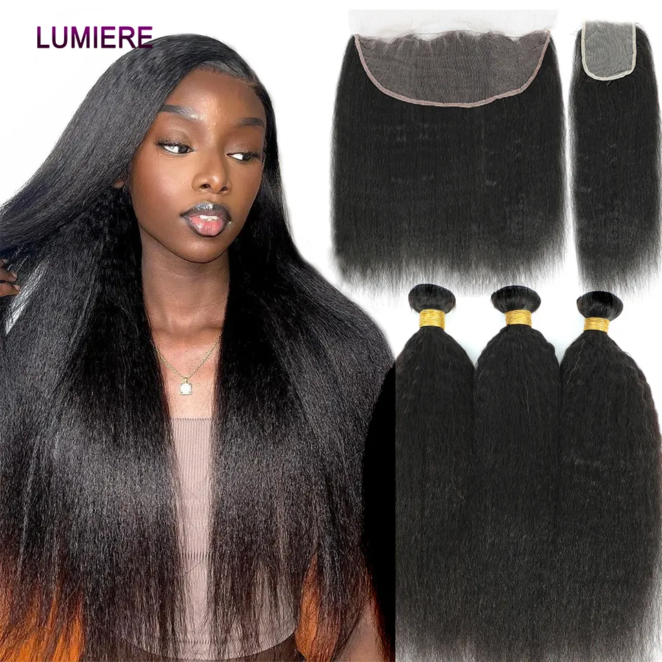 HD Transparent Lace Brazilian Human hair bundles human hair Set with Frontal Closure Kinky Straight 3 4 Bundle for Black Women