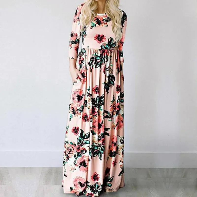 Robe Maxi d'été femmes rose imprimé fleuri Boho robe de plage dames soirée robe longue robe d'été robes de festa 3XL 240321