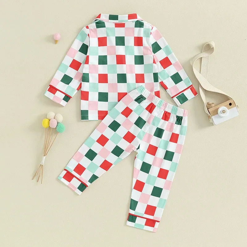 Toddler Baby Boy Girl Pębajas Set Fall Winter Plaid Outfits Koszulka Koszulka z długim rękawem PJS Sleep Fear 240325