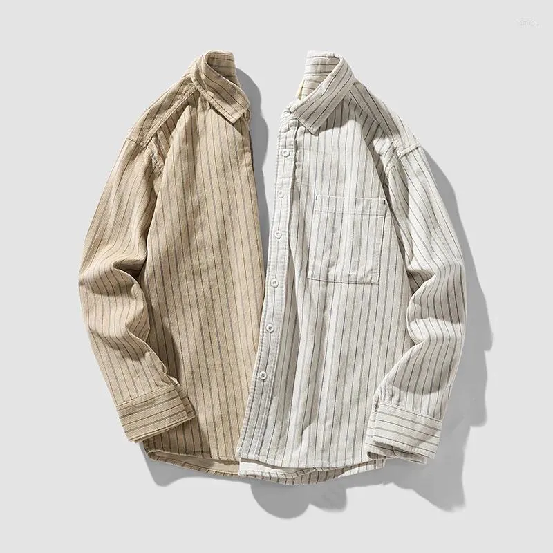 Men's Casual Shirts Spring Men Vertical Stripes Japanese Vintage Shirt Lapel Long-Sleeved Coat Simple Blouse High Quality Streetwear