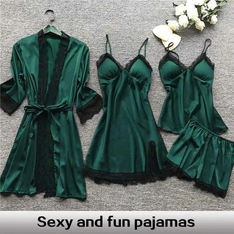 Women Women Sleepar 4pcs Pikamas Set Silk Kobiet Nightdress Koronka sukienka szata Sleka nocna odzież stała kolor pijama