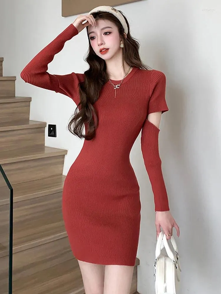 Casual Dresses Fashion Ladies Stretchy Knitted Short Women Sweater Hollow Sexy O-Neck Bodycon Mini Dress Mujer Vestidos Street Clothes